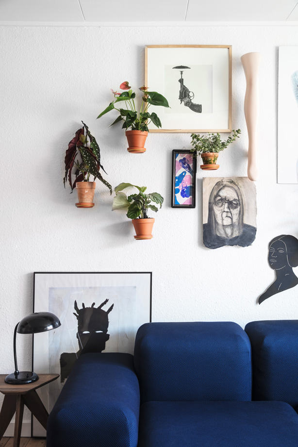 Sofa med hængende planter over.