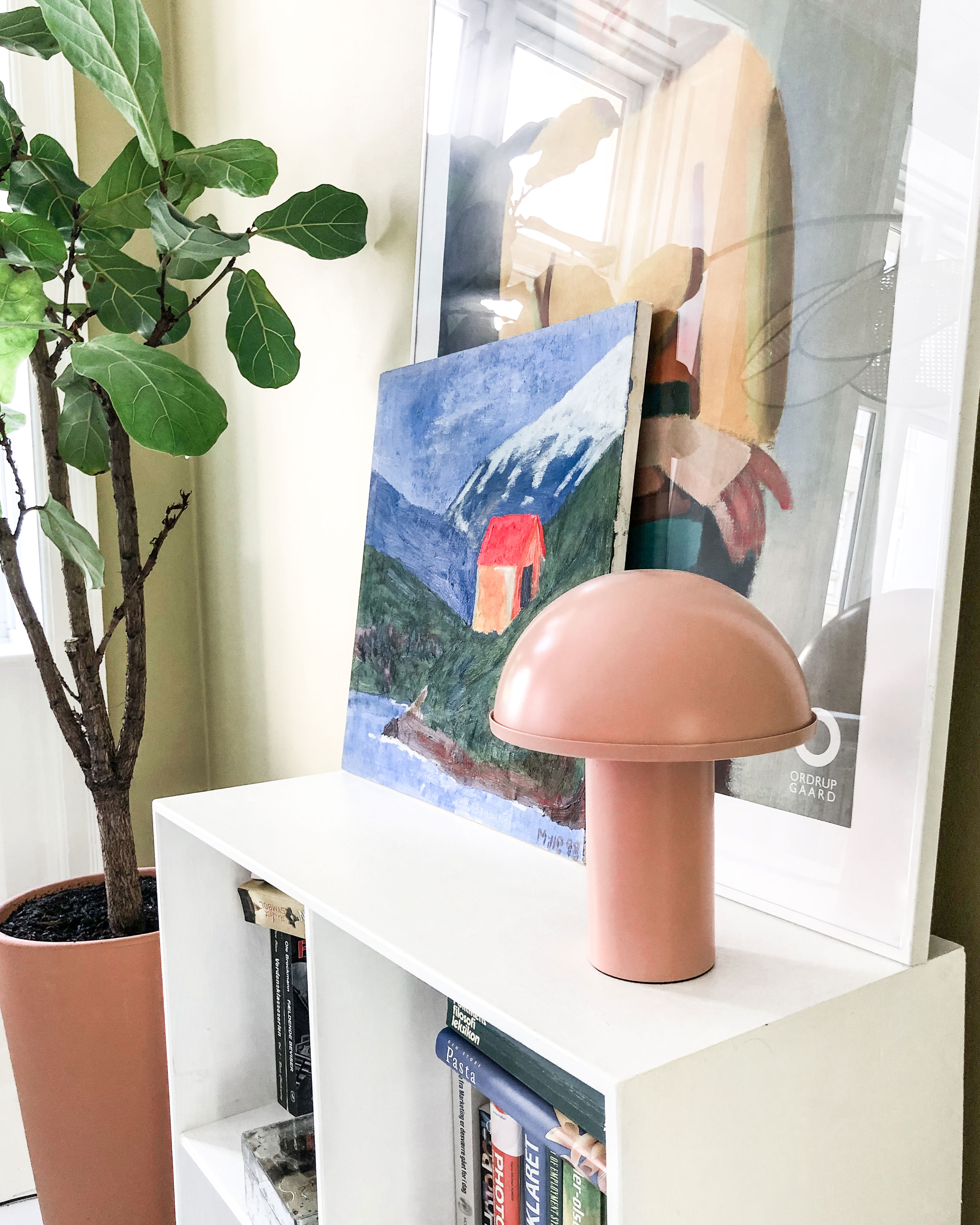 Den lækre lyserøde lampe er fra Ellos og plante fra Supergrønt Plantecenter.